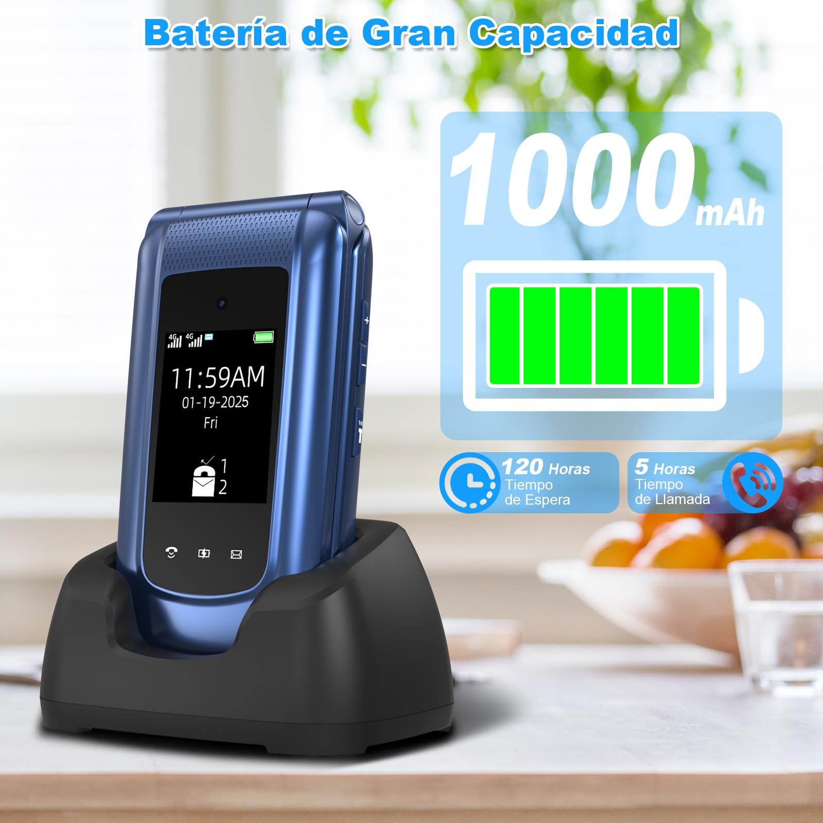 Usteetic 4G Teléfono Móvil para Personas Mayores, Teléfono Móvil con Tapa Teclas Grandes Botón SOS Pantalla Doble de 2,4 y 1,77 Pulgadas Doble SIM USB-C Despertador Base de Carga, Fácil de Usar, Azul