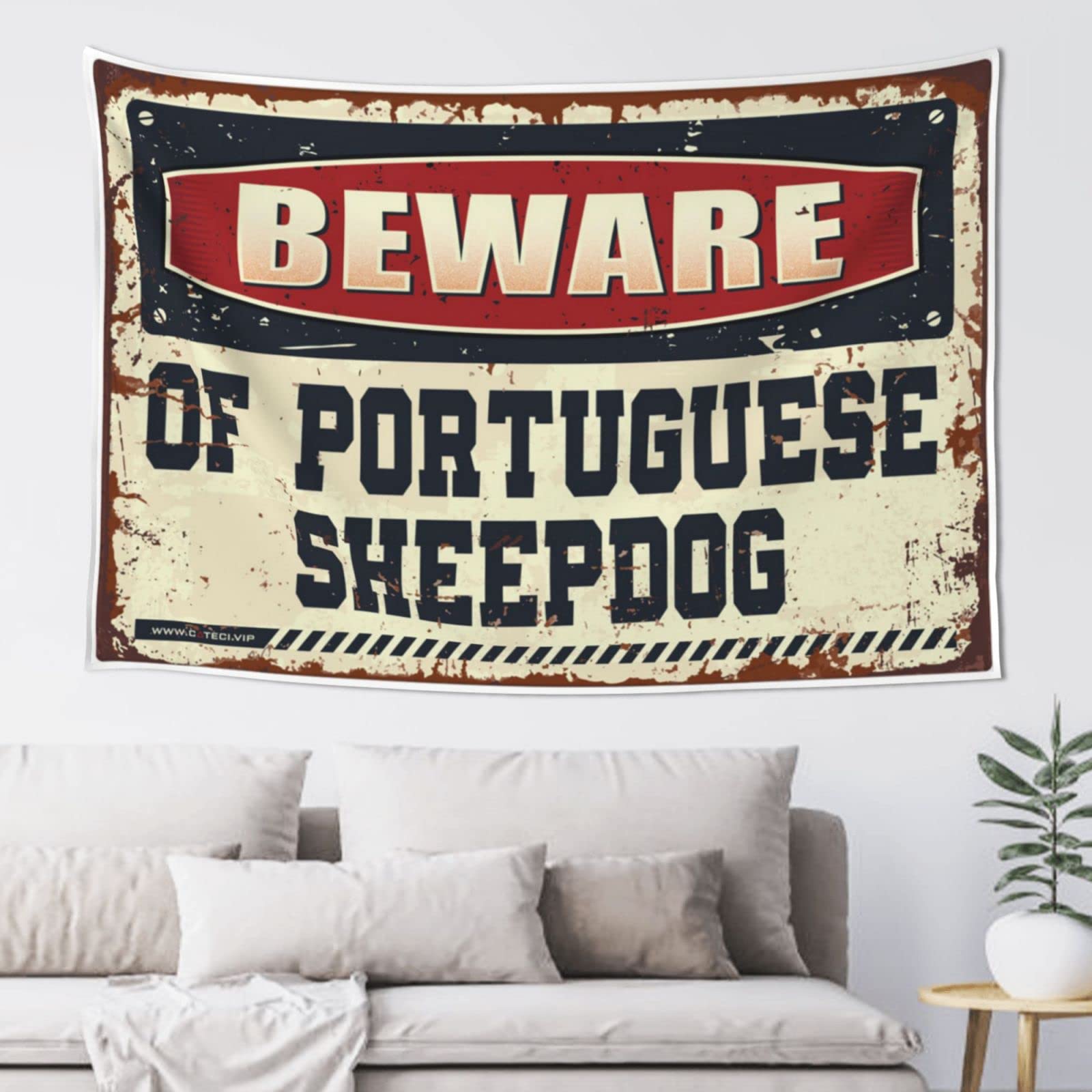 PRAVOXI Vintage Bar Decor Beware Of Portuguese Sheepdog Tapestry Room Door Decor Room Door Decor(100X150CM)