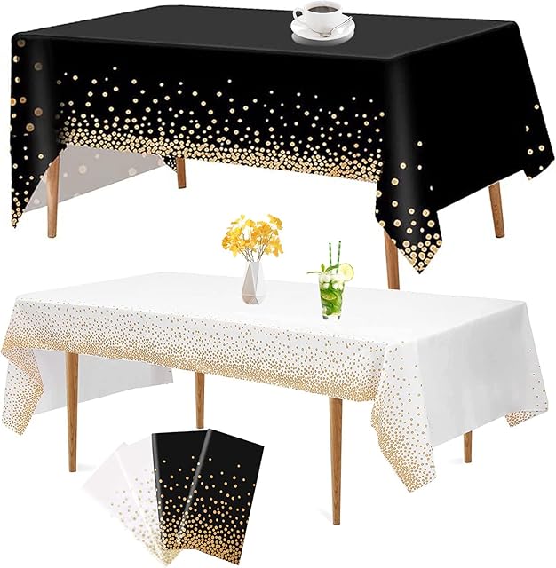 KingGair 4 Pack Disposable Table Cloths for Rectangular Tables, 54"x108" PVC Table Covers with Dots, Confetti Waterproof Tablecloth for Party Picnic Wedding Birthday (Black, White)