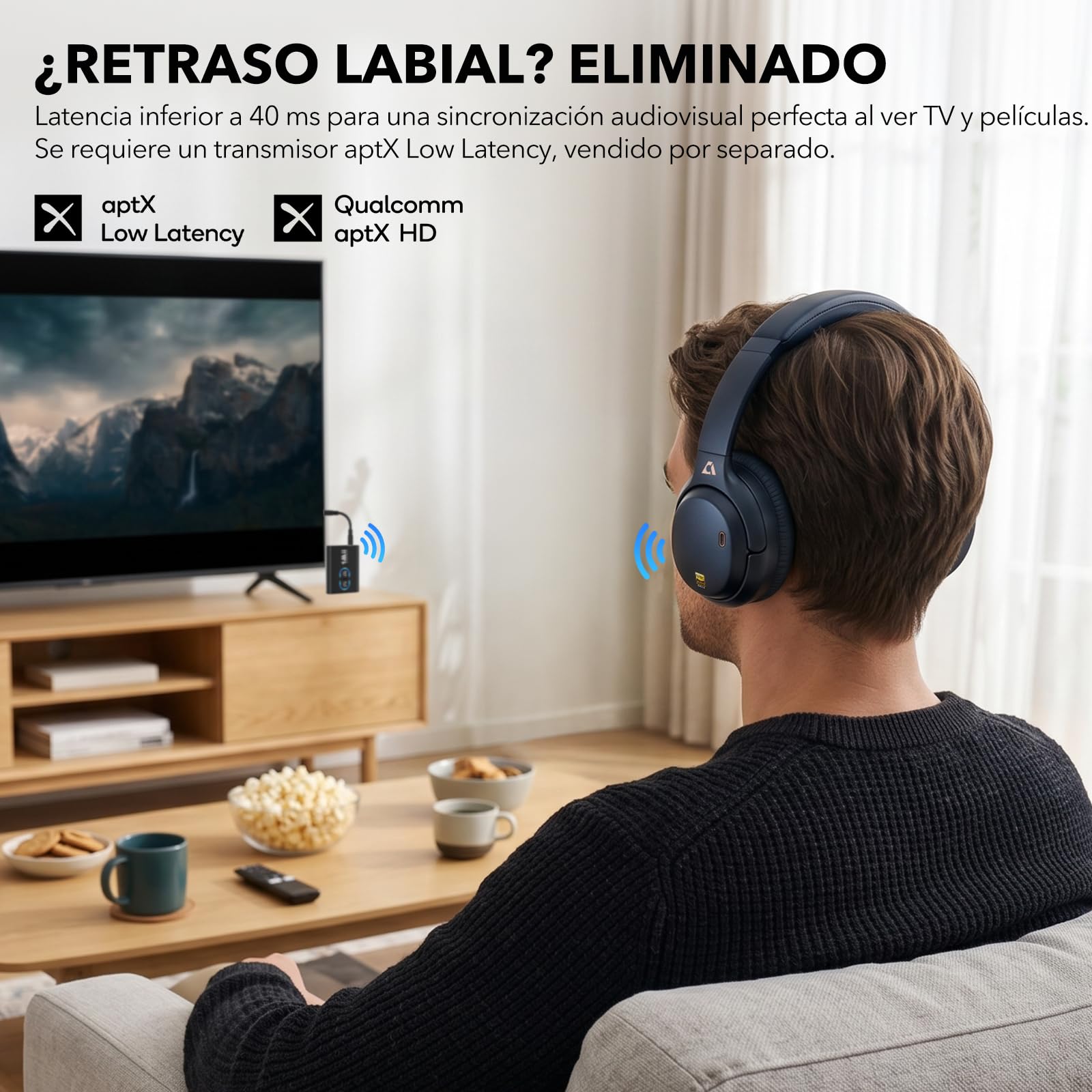 1Mii E700 Cascos Cancelación Ruido Inalámbricos Bluetooth Diadema, Azul | ANC Híbrida para Viajes/Avión, Hi-Res LDAC con Graves Potentes, Cómodos para Oficina/Estudio, aptX Low Latency para TV