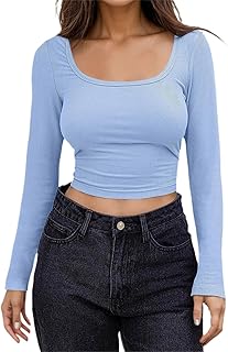 Camiseta de manga larga para mujer, color blanco, camiseta de manga larga, sexy, camiseta ajustada sin vientre, cuello cuadrado, blusa de manga larga Y2K elegante estilo estocolmo, ropa de calle