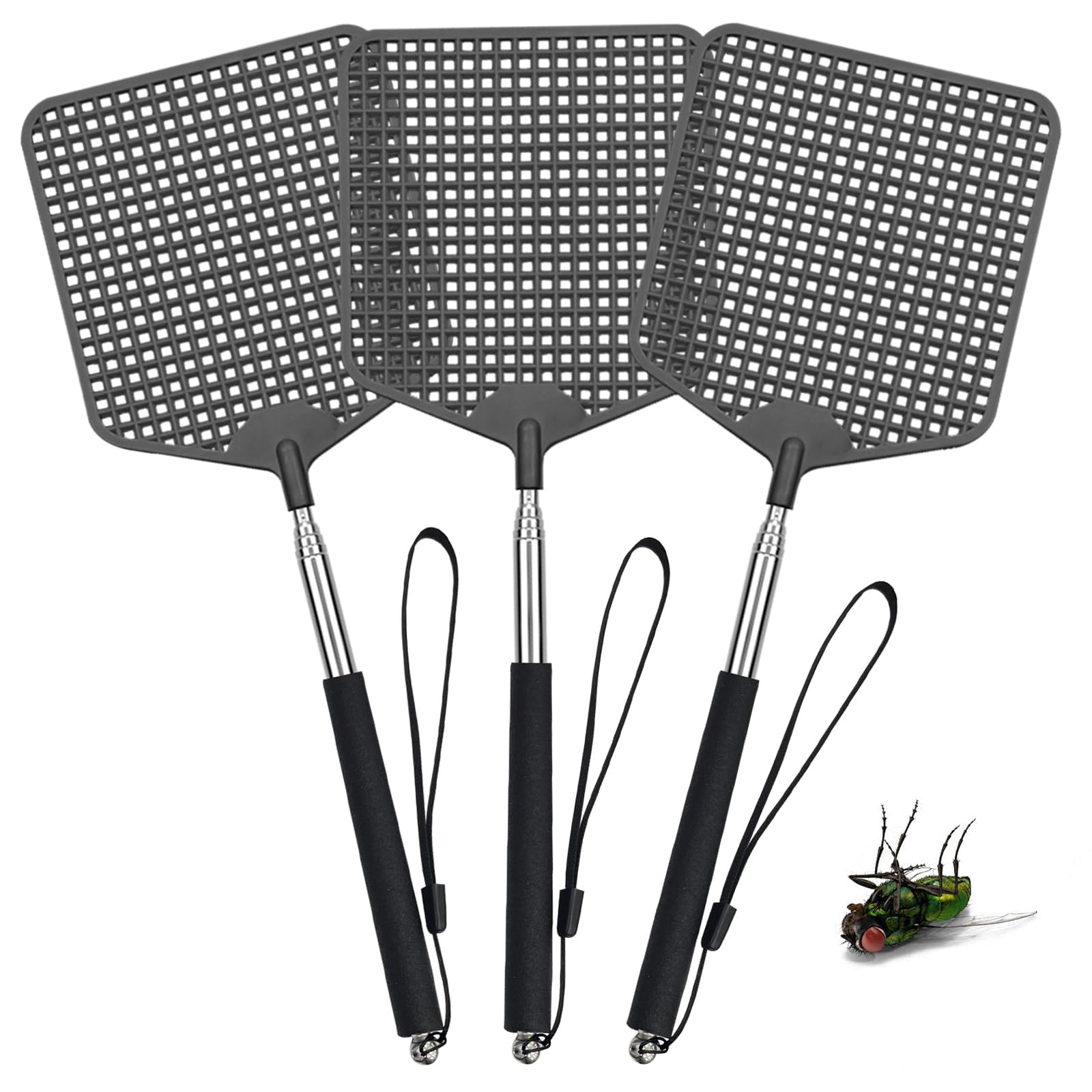 3 Pezzi Scacciamosche quadrato,Estensibile Paletta Mosche,Portatile Scacciamosche,Estensibile Scacciamosches,Scacciamosche Forte Flessibile,per Prevenire Mosche,Zanzare,Nero