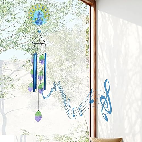Miniatura 3 de MUMTOP Campanillas de viento para exteriores de cristal de pavo real, campanillas de viento de tono profundo para exteriores, únicas para patio,