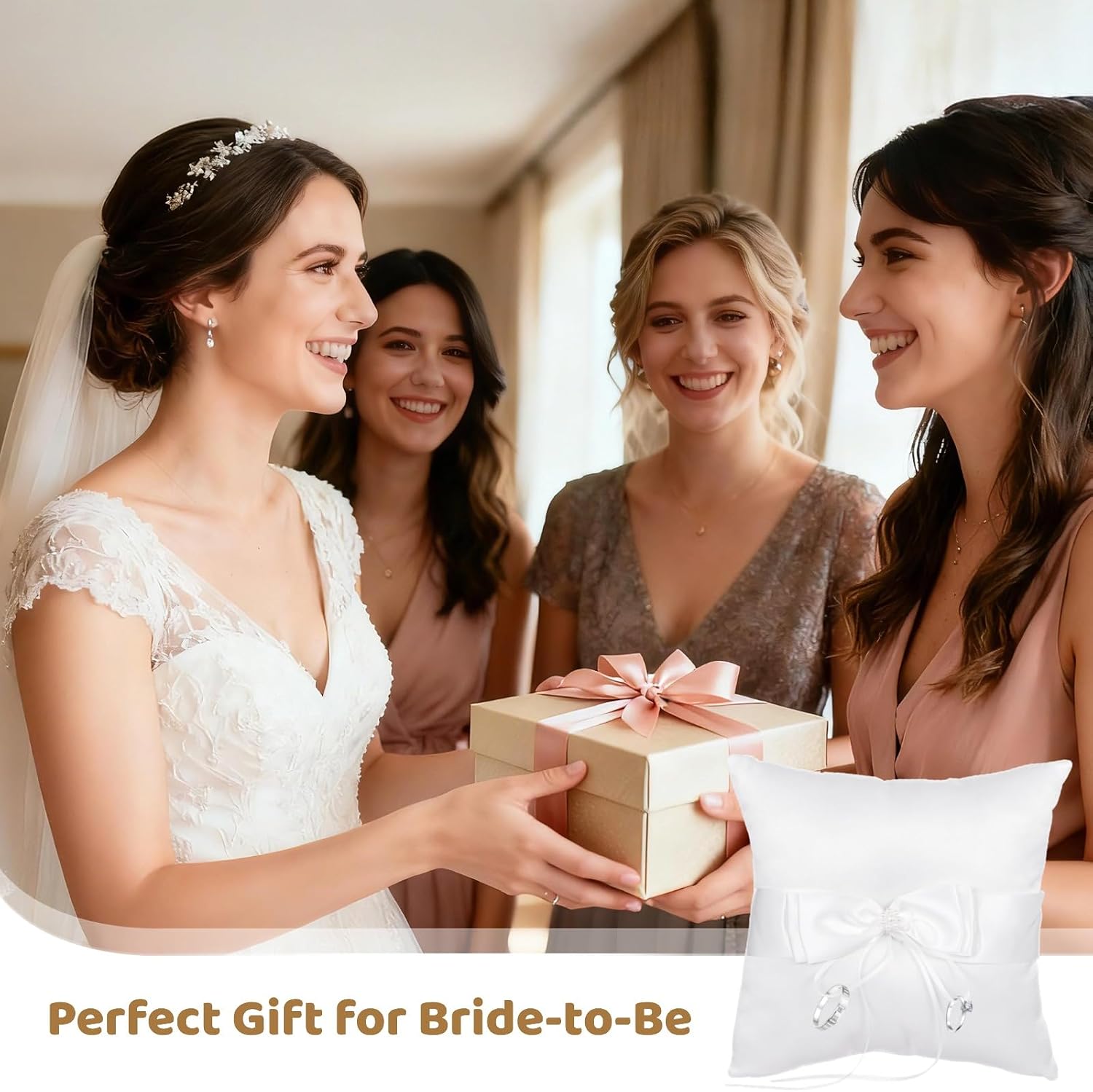 OMISTAR 2 Pack Ring Bearer Pillows, 7.9 in White Wedding Ring Pillow, Romantic Ribbon Bow and Pearl Embellishment, Lightweight and Portable, Wedding Decoration