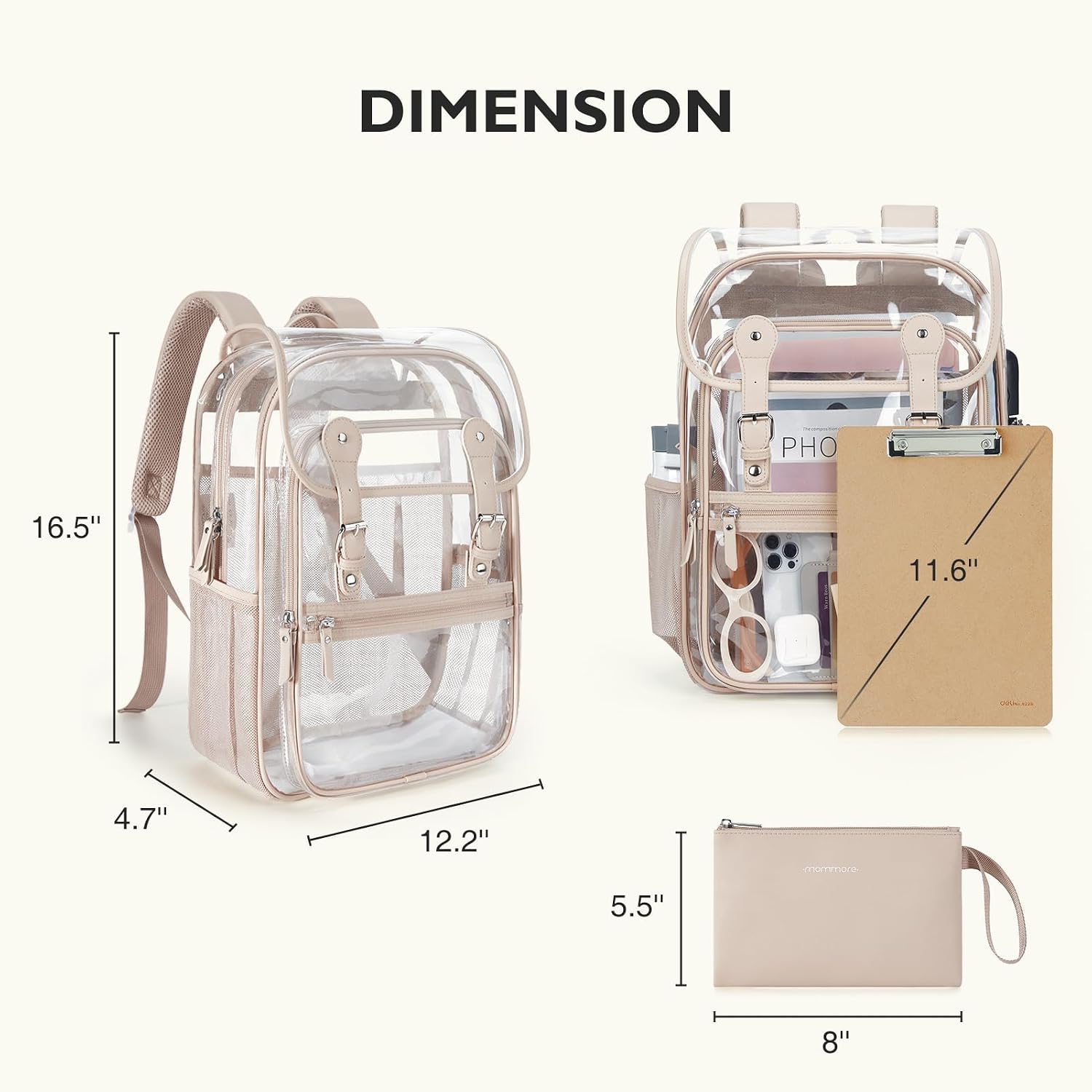 mommore Clear Backpack Heavy Duty Thick PVC Clear Bookbag for School with Pencil Bag Transparent Backpack See-Through Bag