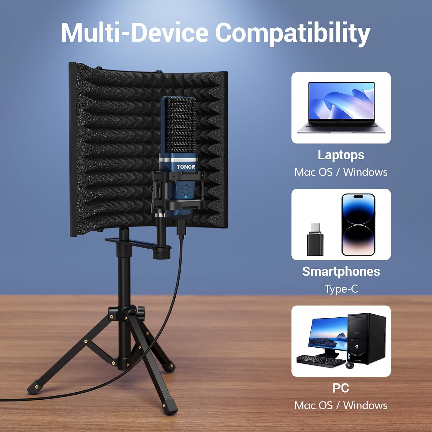 TONOR Studio Recording Microphone with Isolation Shield Set, Acoustic Foam Shield Bundle with Pop Filter & Tripod Stand & Earphone for PC, Laptop, Smartphone, Condenser PC Mic for Podcast, Home Studio image 5