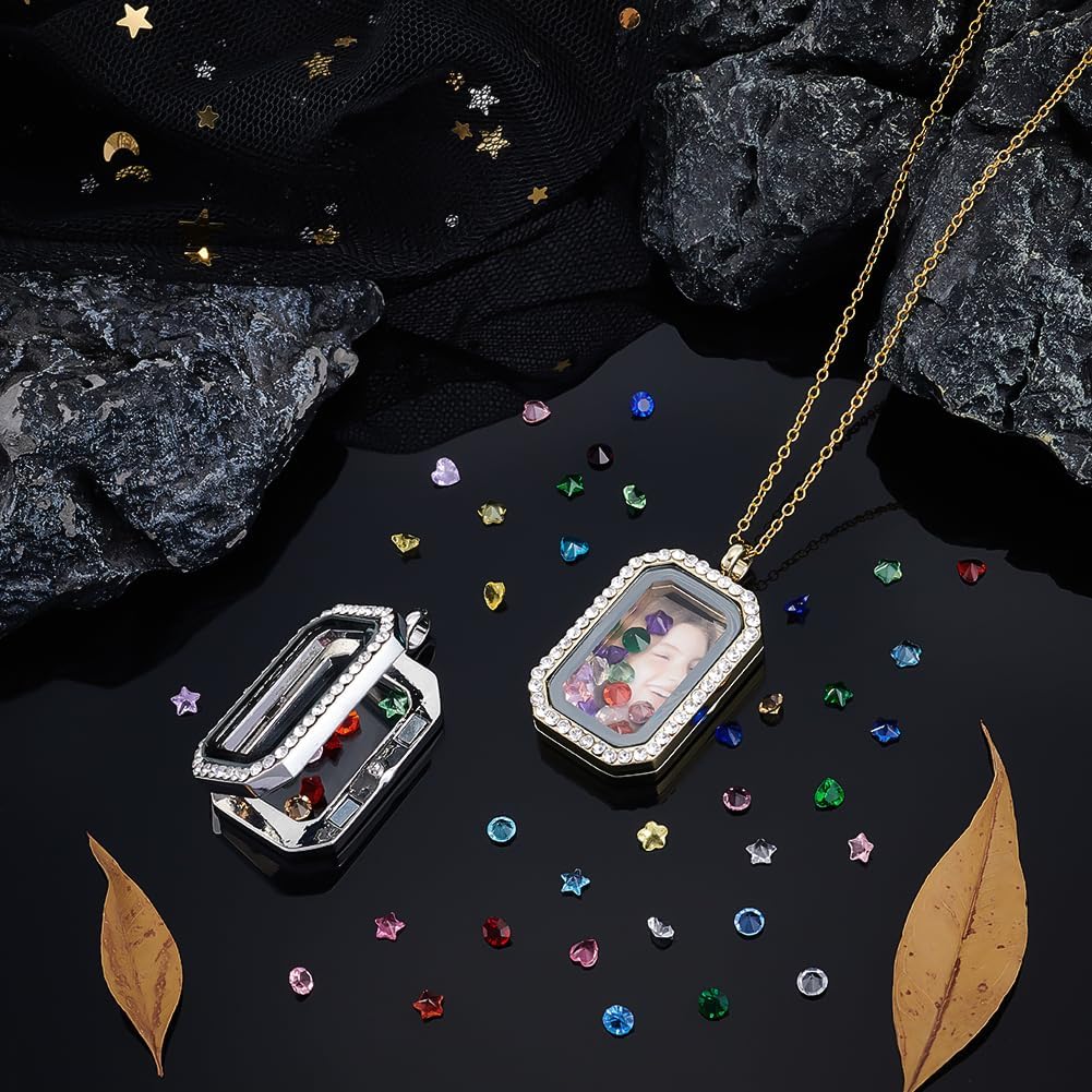 PH PandaHall Golden Locket Necklace Charm Platinum Floating Pendant Rectangle Memory Pendants Glass Locket Pendant with Heart Flower Glass Cabochon for DIY Wedding Necklace Jewelry(Without Chain) - Image 4