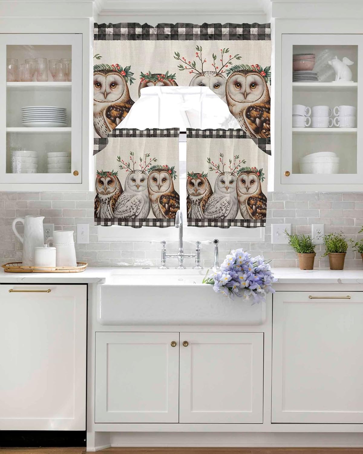 Cute Owls Swag Curtains Valance and Tier Set, Rod Pocket Curtain Drapes for Bedroom Bathroom Kitchen Curtains 3 Piece Set Winter Animals Berry Vintage Black Plaid Beige Swag Valances and 36" Tiers