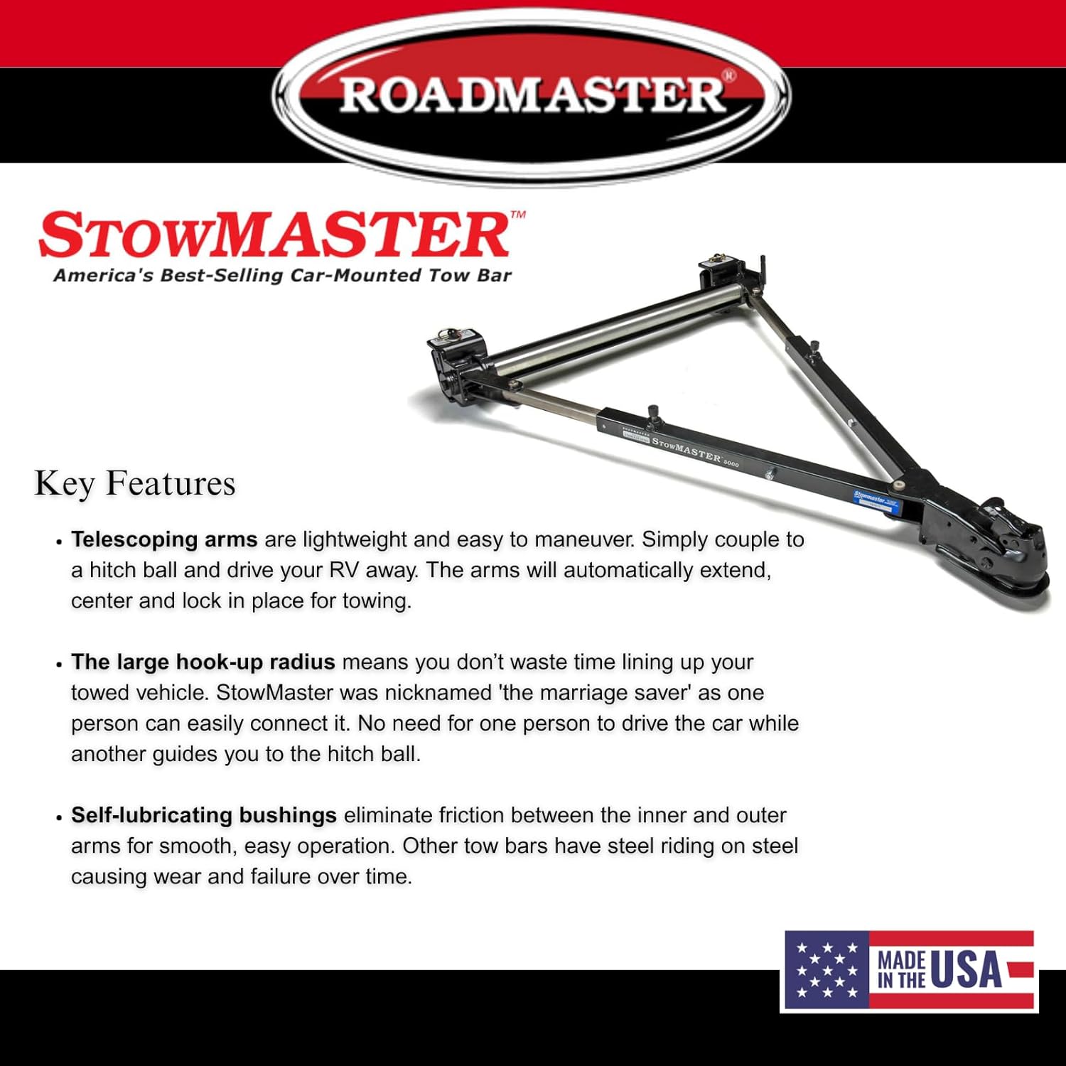 Roadmaster 501 Stowmaster Tow Bar with 2" Coupler fits Baseplates | Hauls Up to 6,000 lbs | Large Hook-Up Radius | Powder-Coated Finish | Self-lubricating Bushings