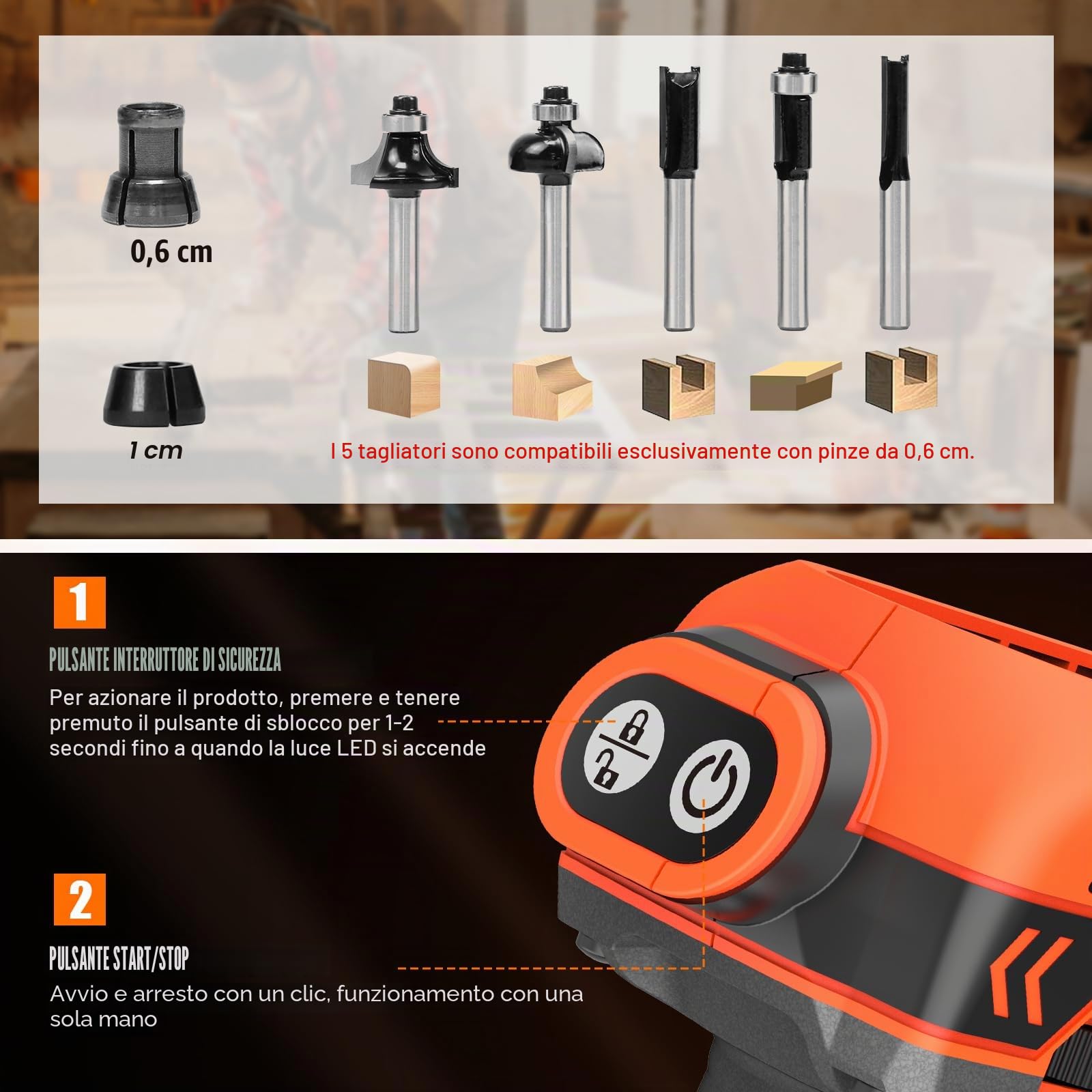 Fresa a Batteria Compatibile con Batteria Makita da 18 V, Fresatrice Portatile Senza Spazzole con 6 Velocità, 30000RPM, Frese da 5 Pezzi, Guida Dritta, Ruota Guida (Senza Batteria)