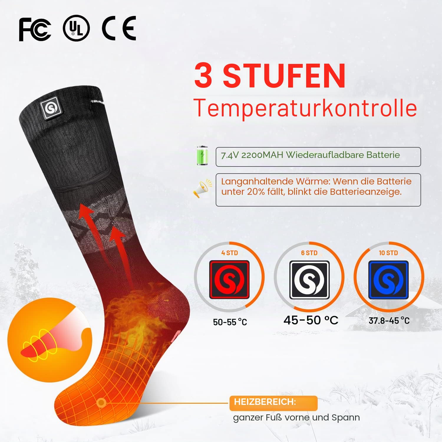 Beheizte Socken für Herren Damen Akku Elektrische Socken im kalten Winter Thermische Heizung für die Jagd Camping Skifahren Wandern Angeln Reiten Motorradfahren