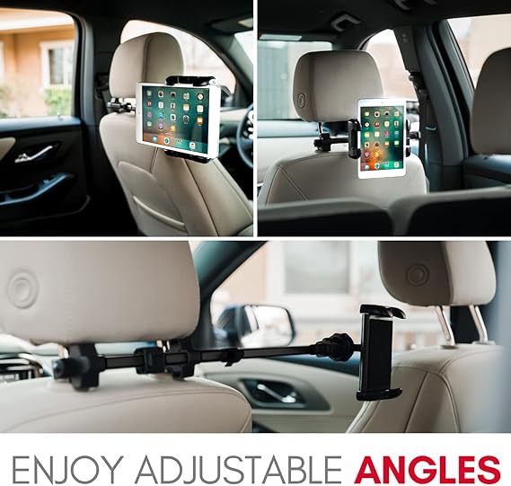 حامل أقراص Macally لمسند رأس السيارة - حامل مسند رأس iPad قابل للتعديل للسيارة - حامل iPad للسيارة Super Secure Car Backseat Kids - يناسب جميع أجهزة المقعد الخلفي 4.7-12.9 (iPad Pro / Air / Mini, نينتندو سويتش)