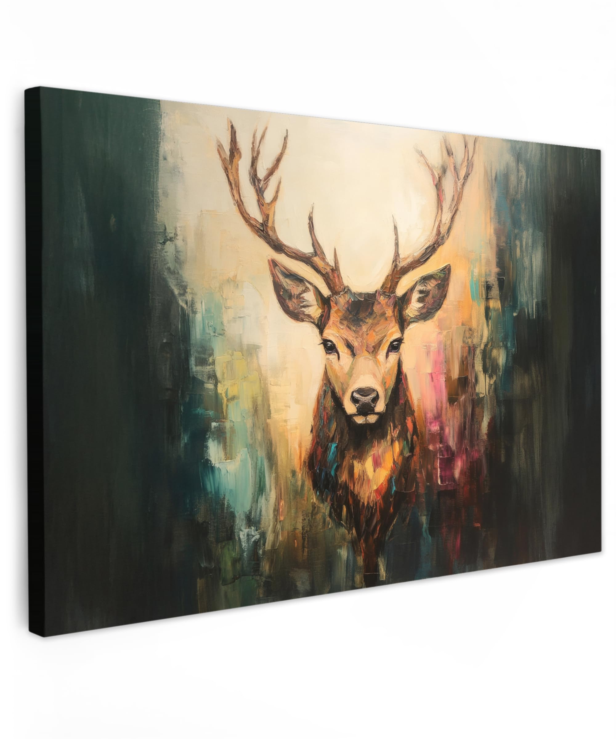 MuchoWow© Leinwandbilder Groß 120x80 cm XXL Wall Art Decoration Bilder für die Wand Schlafzimmer Deko Canvas Painting Wanddekoration Wohnzimmer Hirsch - Gemalt - Geweih - Braun