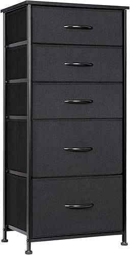SUPER DEAL Cómoda con 5 cajones, cómoda de tela de torre de almacenamiento vertical, cómoda de 37 pulgadas de alto, mesita de noche con parte Negro