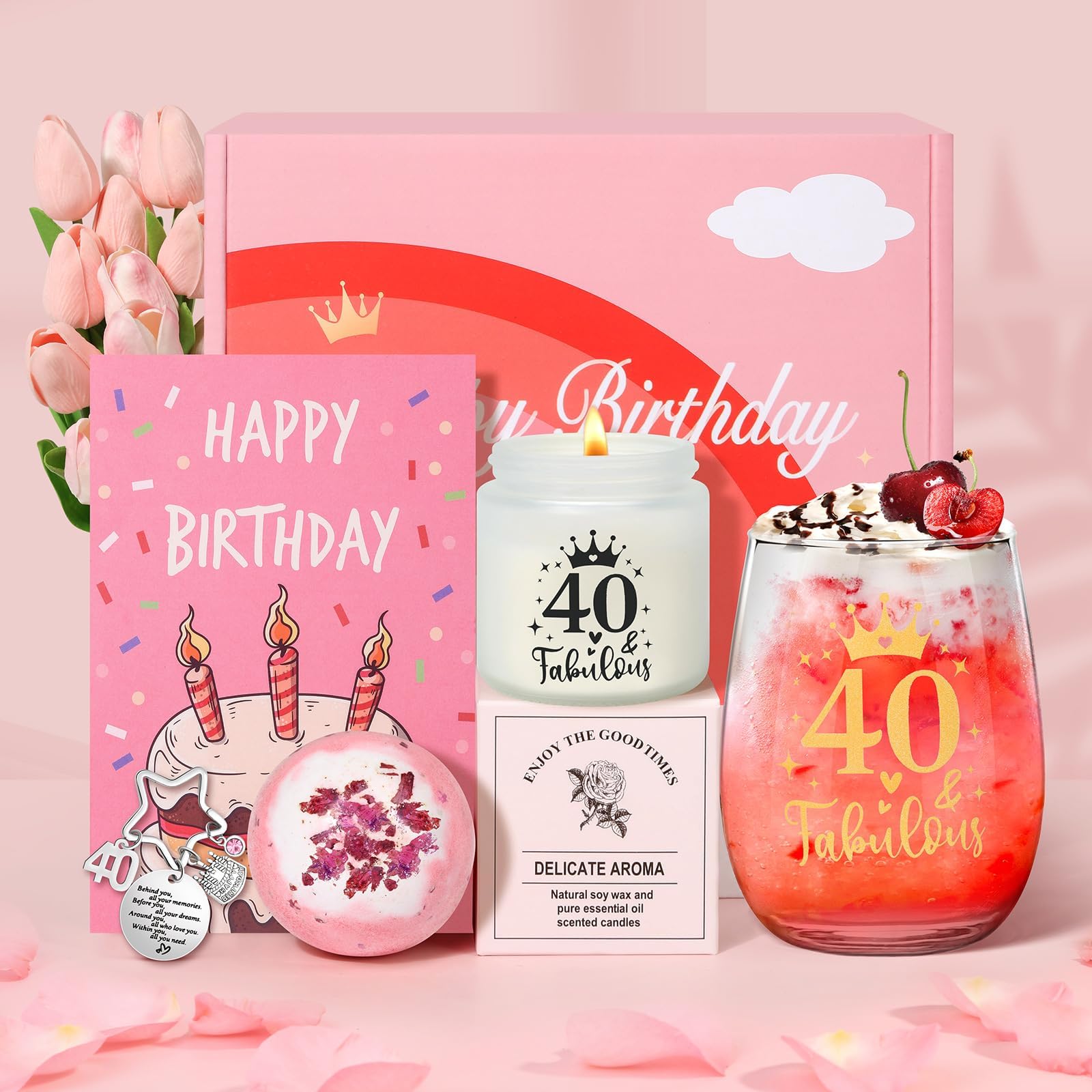 Tecanne 40th Birthday Gifts for Women, Birthday Pamper Gifts for Her, Personalised Glass 40th Wine Glass Gift Set, Gin Gift Box for Mum, Sister, Best Friends
