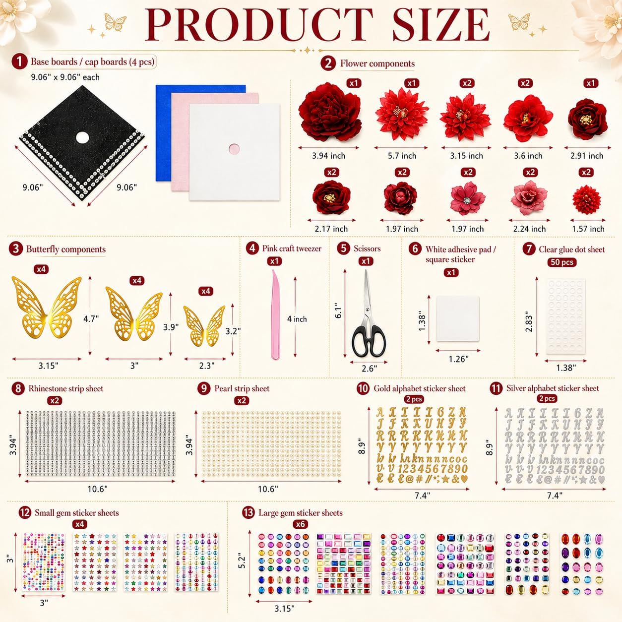 ZYNERY DIY Craft Kit for Grad Cap & Handmade Decor, Hat Topper Supplies with Paper, Butterflies, Flowers, Rhinestones, Letter Stickers & Scissors (Red) image 4