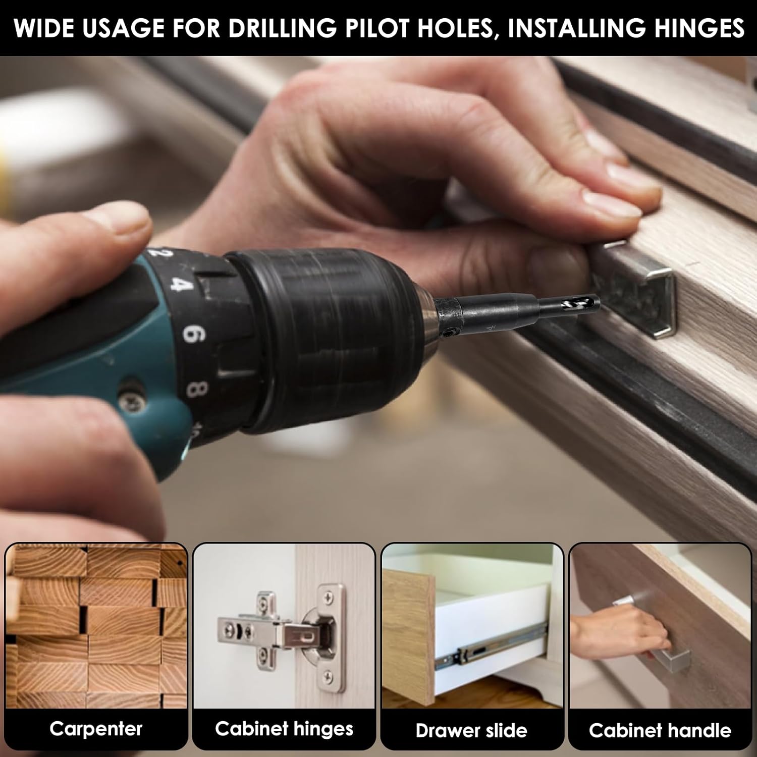 18 PCS Self Centering Hinge Drill Bit Set, 6 PCS 1/4" Hex Shank VIX Bit & 10 PCS 1/64”-5/64” Hinge Center Drill Bits & 2 PCS Hex Key for Woodworking Wood Cabinet Window Door
