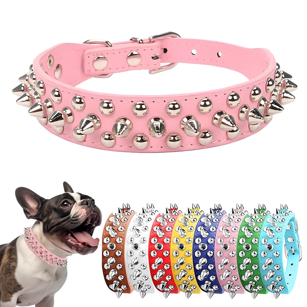 Hundehalsband Aus PU-Leder Mit Nieten – Verstellbar, Für Kleine Bis Große Hunde & Welpen | Farbe Rosa, Größe XL