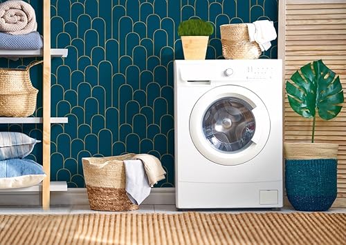 Vista 4 de Yasinet Papel tapiz para despegar y pegar, papel tapiz azul y dorado, papel de contacto geométrico azul, extraíble, autoadhesivo, a rayas