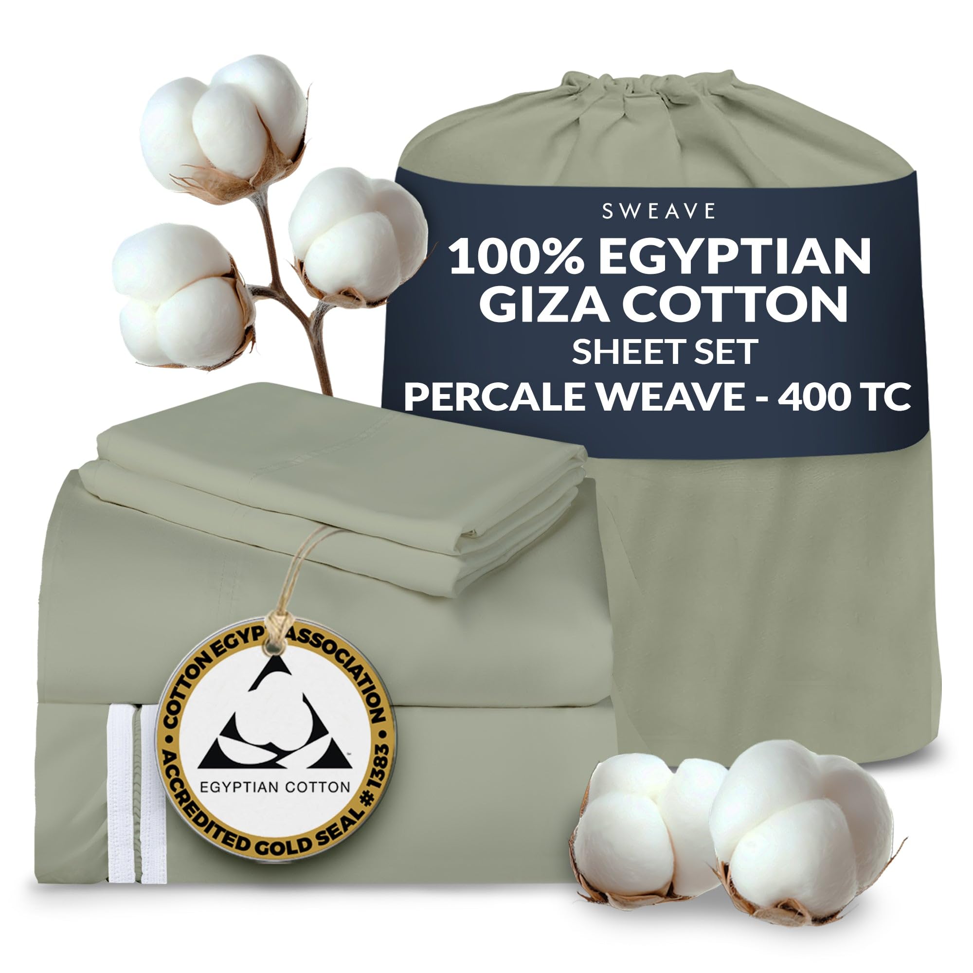 Sweave 100% Egyptian Cotton Percale Sheets King Size - Genuine Luxurious 400 Thread Count - Naturally Crisp, Breathable, Skin-Friendly & Cooling - Softer After Each Wash - Oeko-TEX Certified Giza