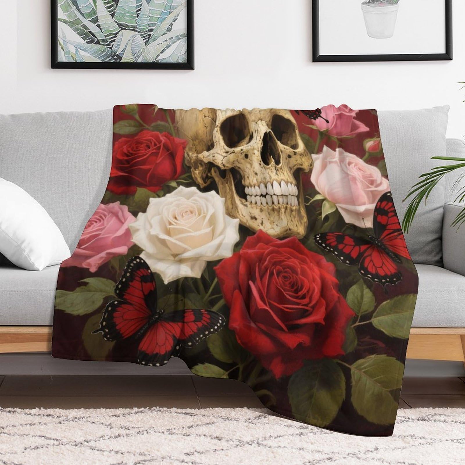 Custom Vintage Rose Skull Blanket Lightweight Flannel Fleece Throw for Couch Sofa Bed Luxury Soft Cozy Plush Lap Bedtime Blanket for All Seasons Bedroom Home Decor Gifts 50x60