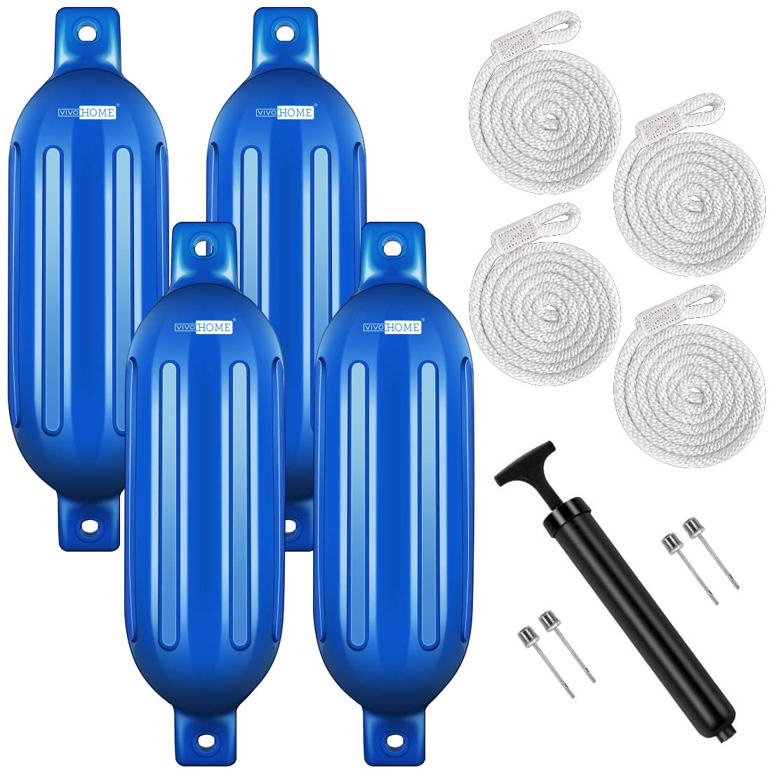 VIVOHOME Vinyl Ribbed Boat Fenders 4 Pack, Boat Bumpers with Ropes, Needles, and Pump to Inflate Fit for Yachts, Sailing Dinghies, Bass Boats, Black