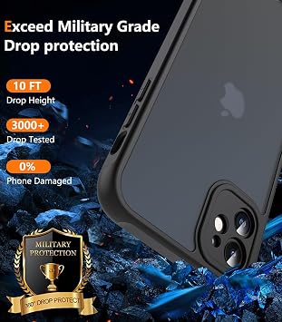 For iPhone 11 Case, iPhone 11 Phone Case 6.1 with Tempered Glass Screen,[Shockproof Military Grade Drop] Translucent Matte Back Camera Protector,Skin-Friendly Touch Protective Slim Phone Cover,Black