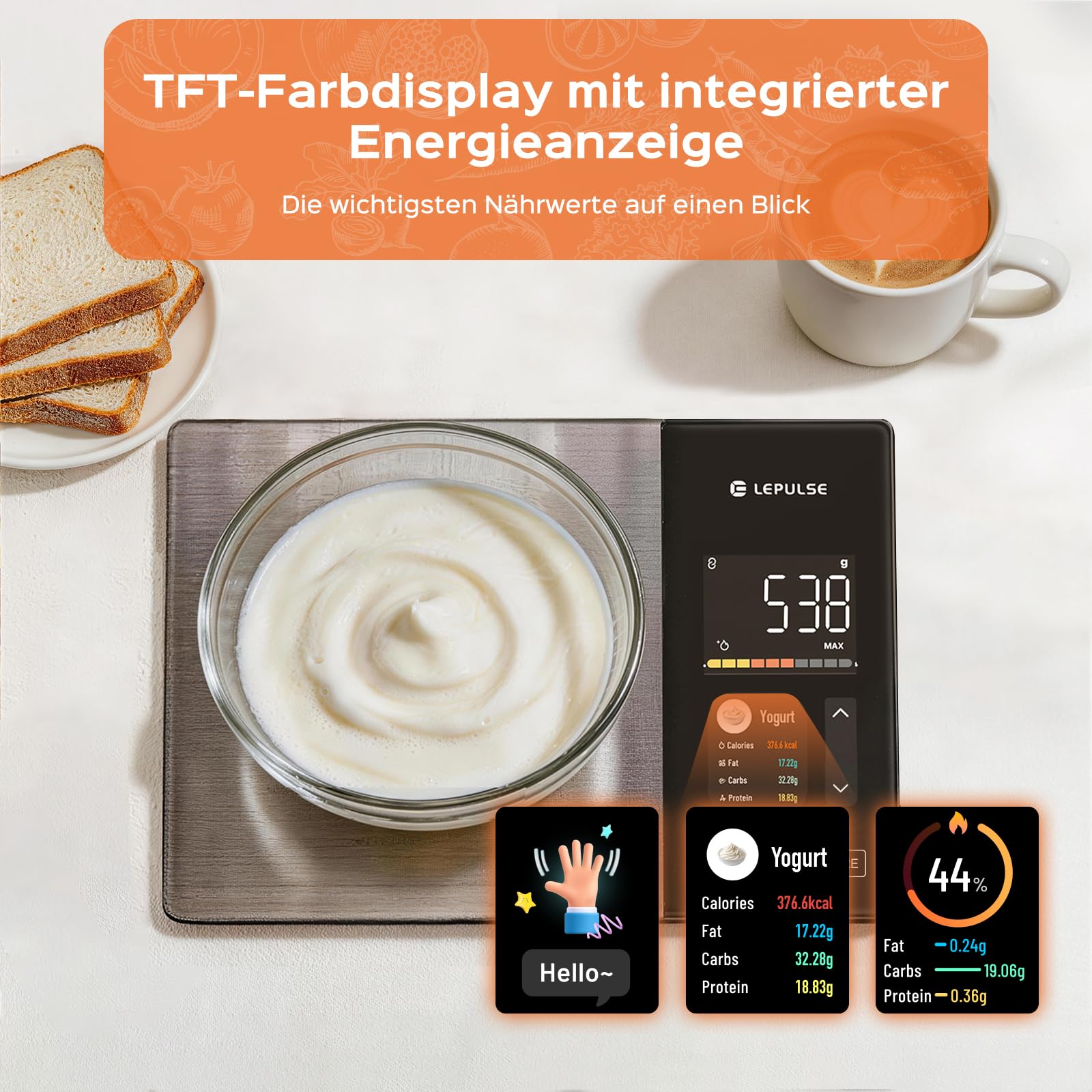 Küchenwaage Digitale mit Nährwertberechnung, smart vita ernährungswaage | Lebensmittelwaage mit 24 Nährwertanalyse, Bluetooth Kalorienzähler, TFT Farbdisplay, 50 Offline & unbegrenzte Kalorienanalyse