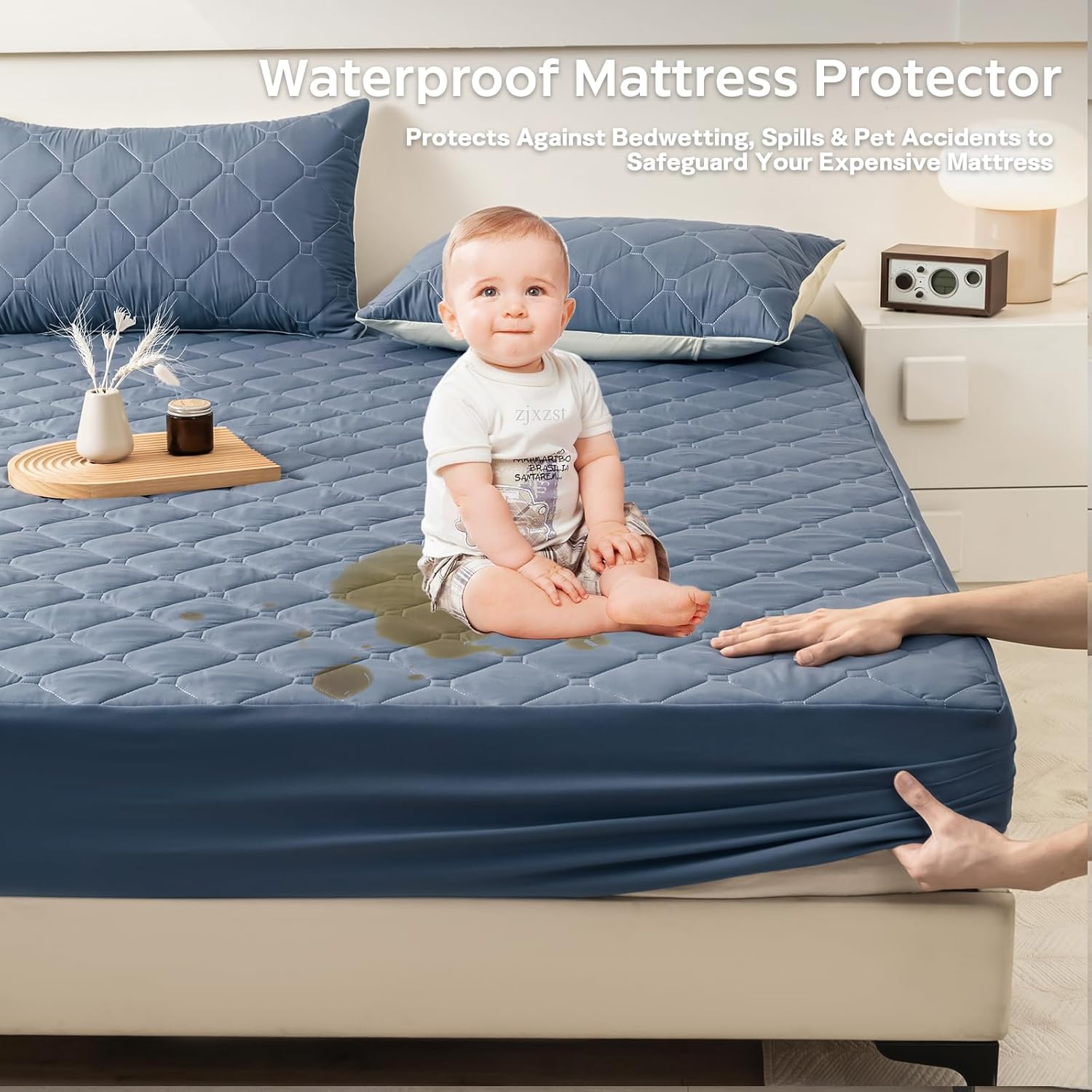 Waterproof Mattress Protector King Size, Quilted Fitted Mattress Cover with 17" Stretchable Deep Pockets - Elastic Edges, Machine Washable (1 Pcs Mattress Pad + 2 Pcs Pillowcases) (Blue)