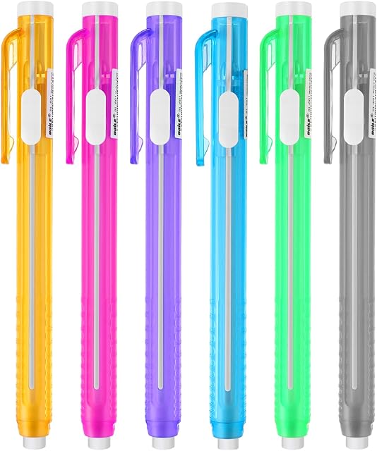 cobee Pen-Style Eraser Set, 6 Retractable Click Eraser Pen Shells with 6 Erasers, Mechanical Eraser Pencil, Bar Erasers for Kid Students Teacher Artist Painting Writing Home School Office Supplies