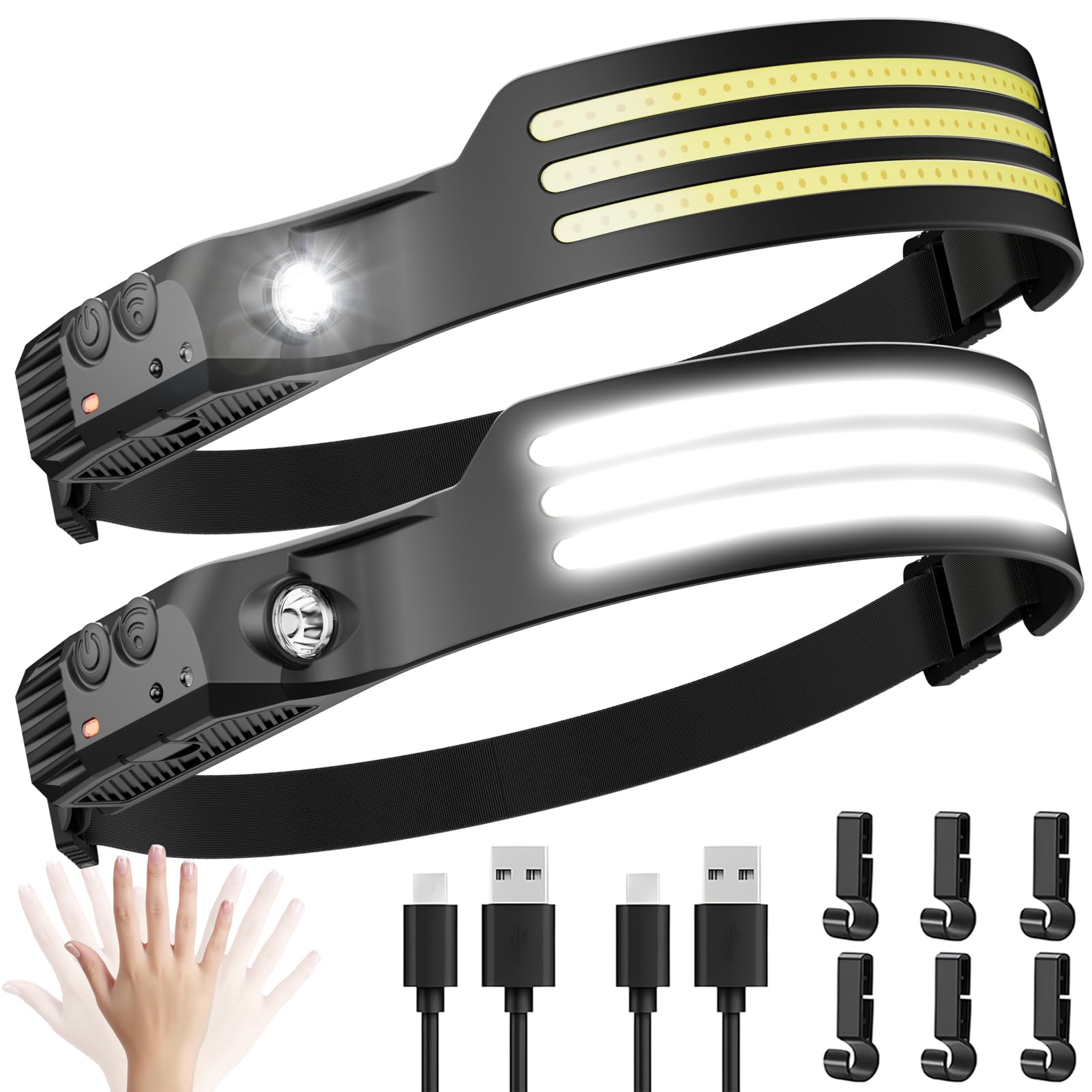 Dopalloy Head Torch Rechargeable - 2 Pack Super Bright Tri LED Strip Headtorch, 230° Wide Beam Headlight with Motion Sensor, USB Battery Powered Headlamp for Running, Fishing, Camping Essentials