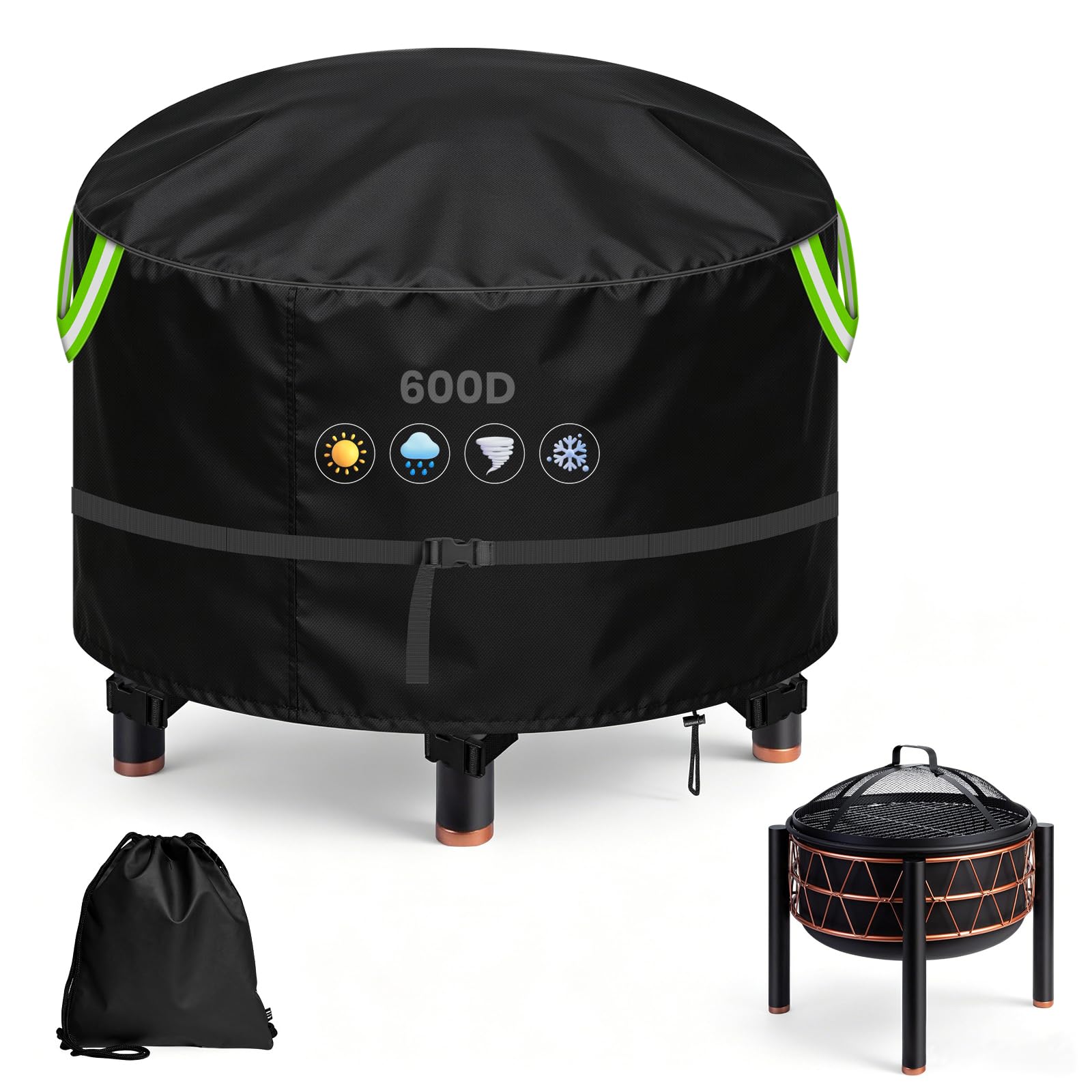 YedZen Fire Pit Cover Round, Ø90x50cm, 600D PU Coating Firepit Cover Waterproof with 2.8m Adjustable Strap, Windproof Buckle＆Reflective Handles, Outdoor Garden Fire Bowl Protector