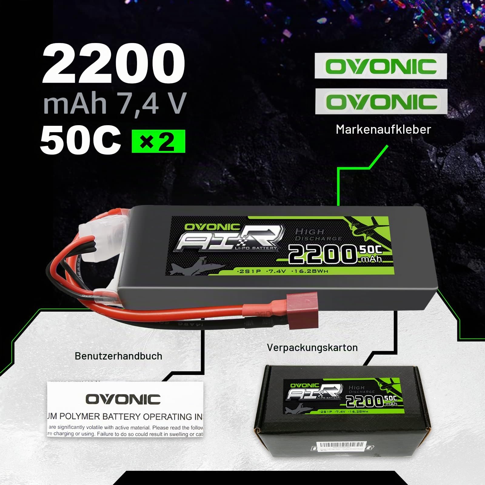 OVONIC Lipo Akku 2s 2200mAh 50C 7,4V Lipo Akku mit Dean Style T Stecker für RC Flugzeug Helikopter Auto LKW (2 Stück)