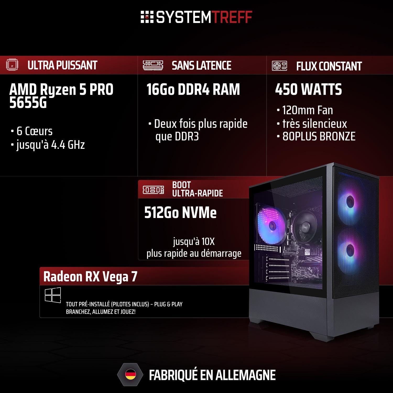 SYSTEMTREFF PC Gamer Basique AMD Ryzen 5 Pro 5655G 6x4.4GHz | Radeon RX Vega 7 4K HDMI DX12 | 512Go M.2 NVMe | 16Go DDR4 RAM | Ordinateur de Bureau WLAN pour Les Joueurs, Les Gamers