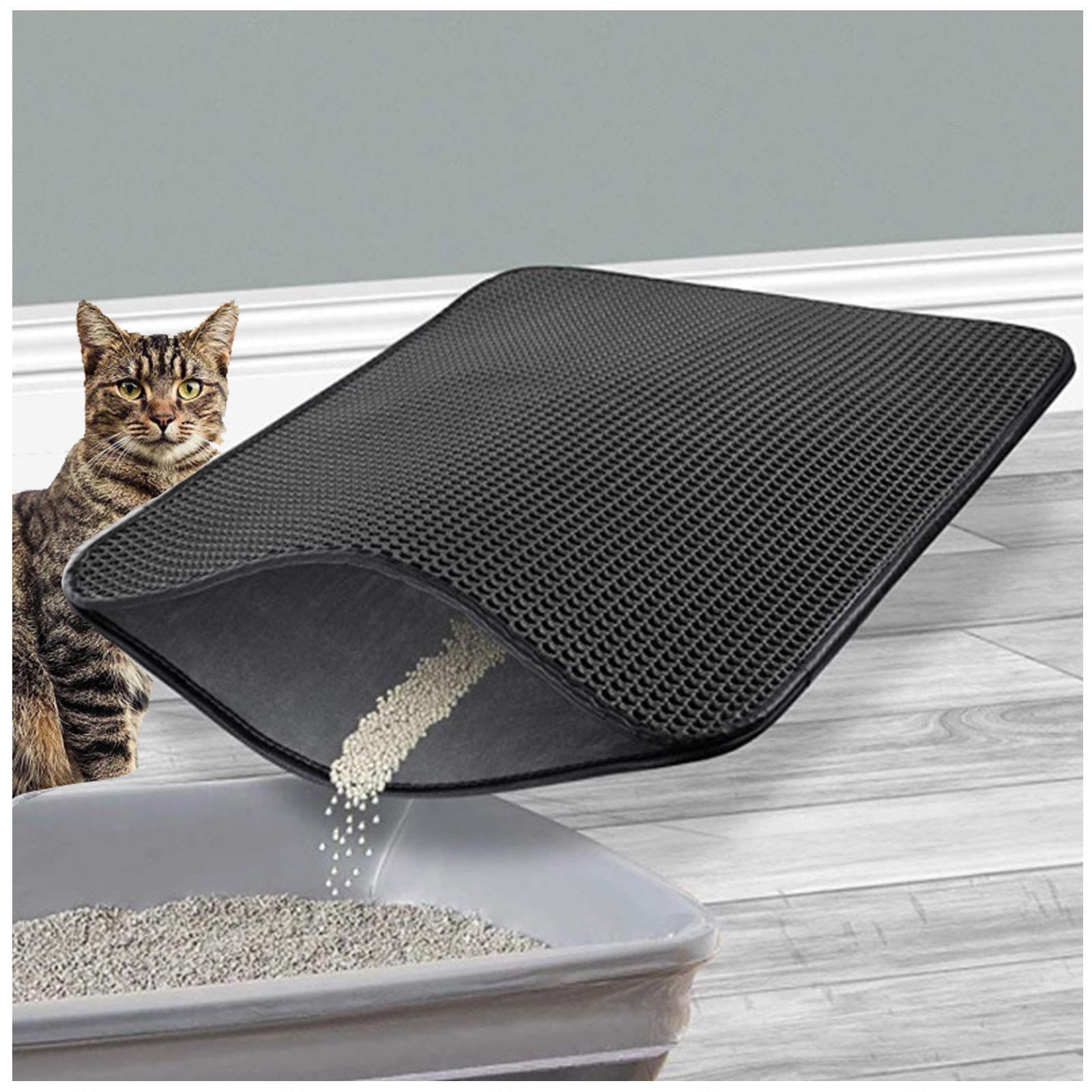 Alfombra Gatos Arenero, 60 X 90cm/116 X 66cm Diseño De Doble Capa En Forma De Panal Alfombra Para Gatos, Orina Y Material Impermeable,Fácil de Limpiar,26X46In-Black