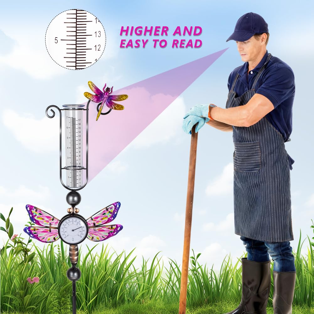 Regenmesser für den Außenbereich mit 7 Inc Kunststoffrohr | Mit Thermometer, gebeizter Libellen-Dekoration, Metall-Gartenstecker, Regenwassermesser für Hof, Garten und Rasen