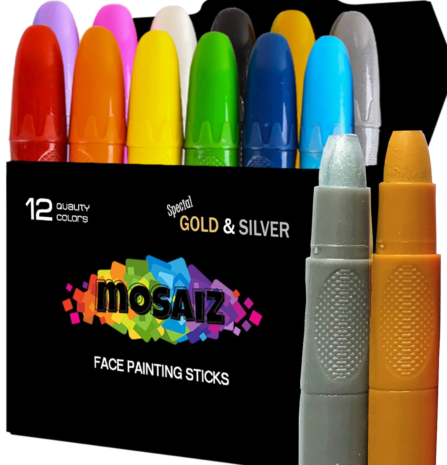 Mosaiz Face Painting Kits for Kids, 12 Colors Water Based Face Paint Kit, Twistable and Washable Paint Sticks for St Patricks Day, Birthday, Halloween, Cosplay Makeup and Body Paints for Adults