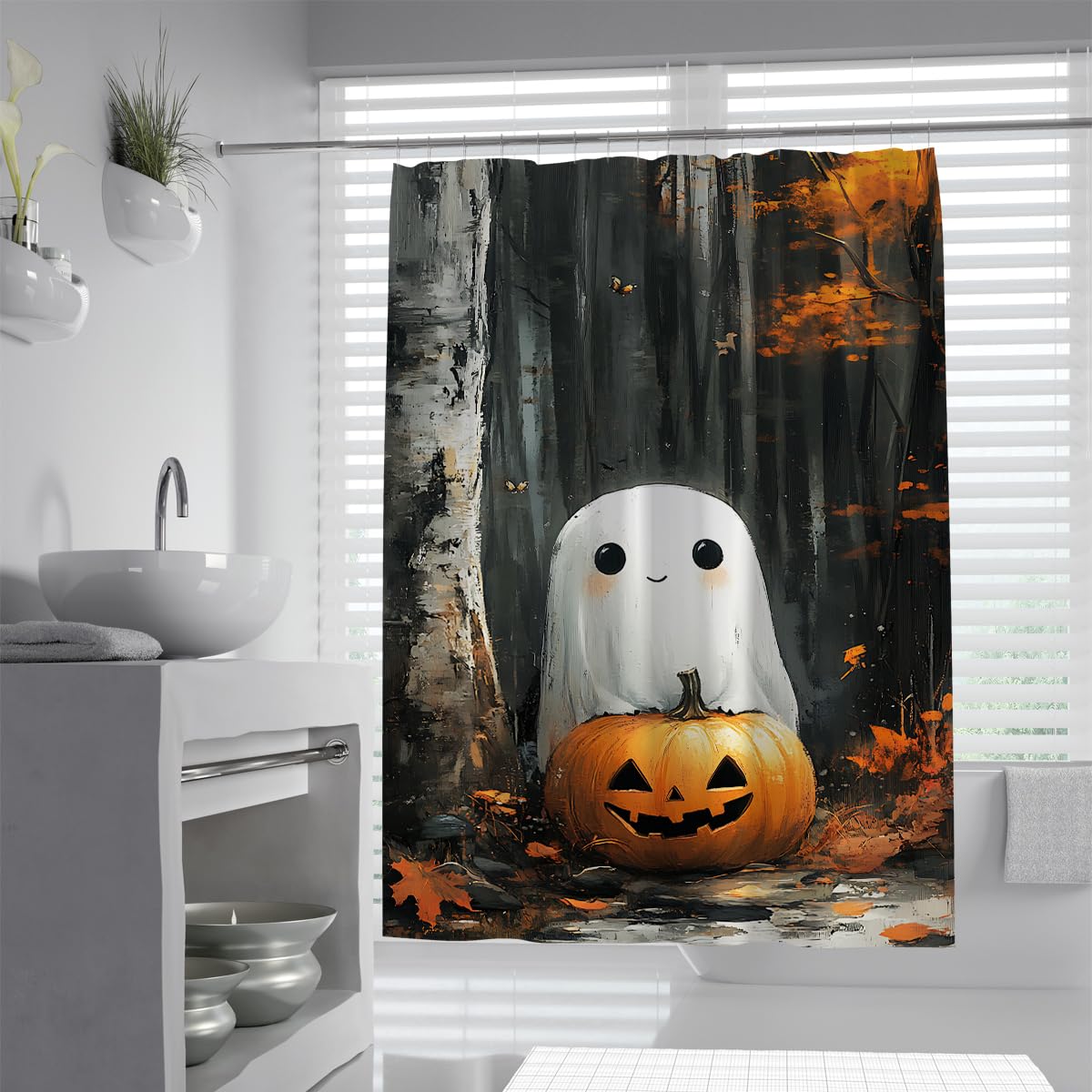 UIRINGART Cute Happy Halloween Ghost Bath Screen W150xL180cm Autumn Forest Birch Trees Pumpkin Lantern Pattern Quick Drying Waterproof Shower Curtains for Walk-in Shower with Hooks