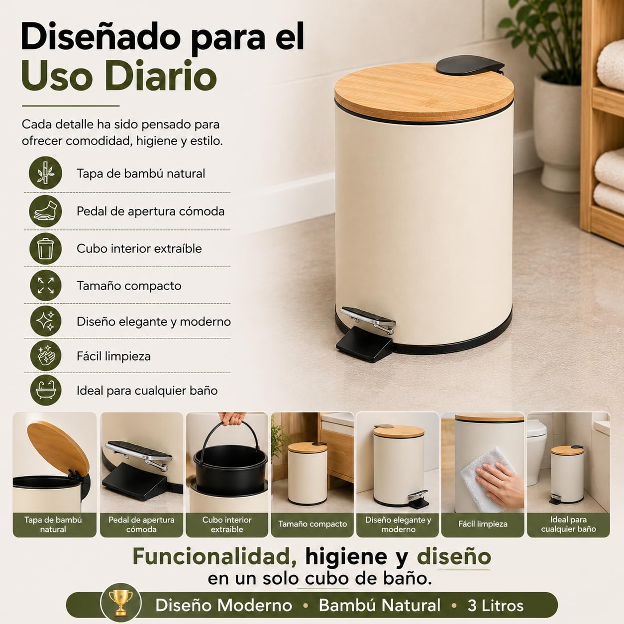 TIENDA EURASIA – Papelera Baño | Metal + Tapa de Bambú | Capacidad 3L | Medidas 17x21x23.5 cm y Cubo Interior 16.8x16.8x18.2 | con Pedal (Beige)