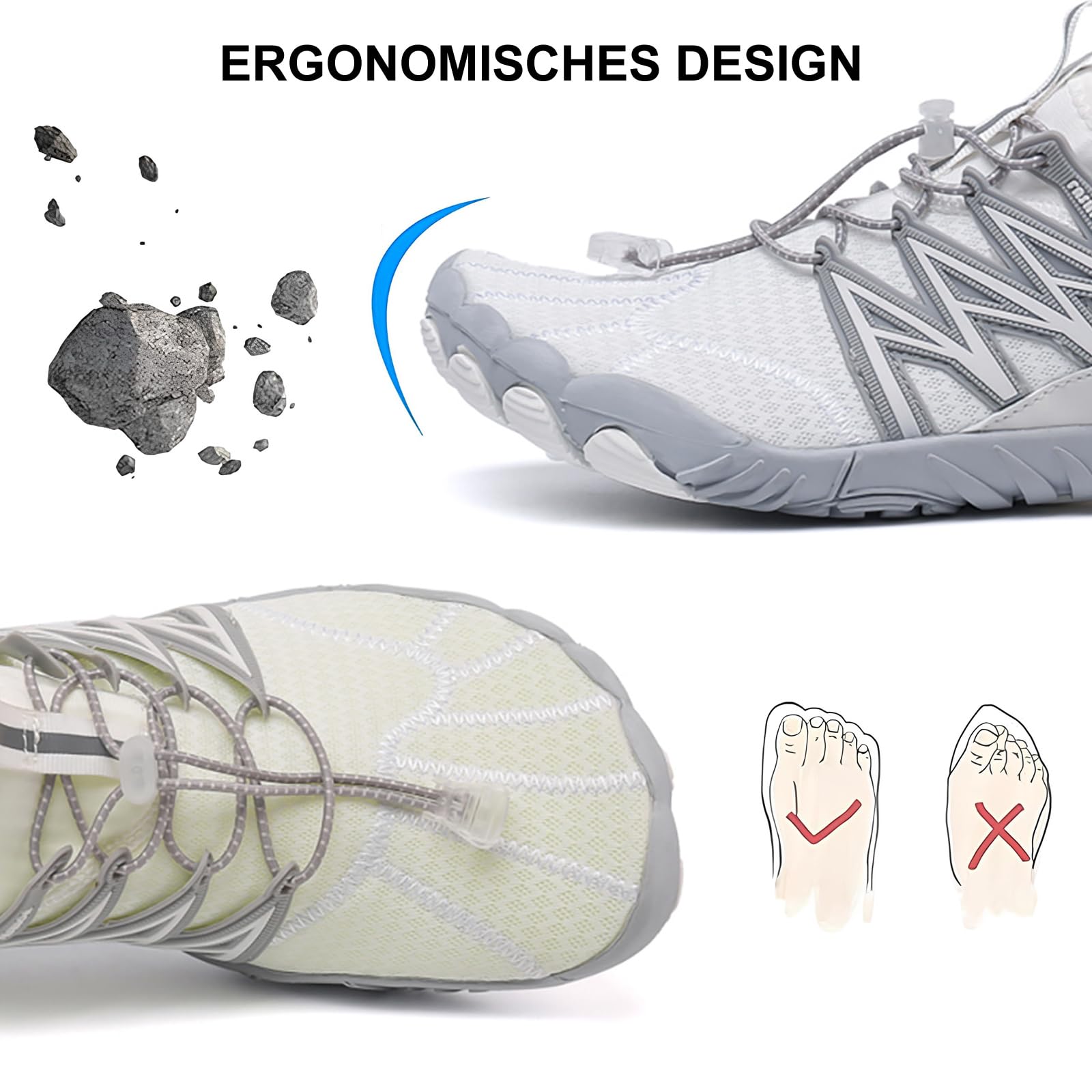 RUYI Unisex Barfußschuhe Damen Herren Traillaufschuhe, Weich Leicht Fitnessschuhe mit rutschfest Sohle & Breiter Zehenbox, Schnell Trocknend Badeschuhe, A021 Weiß, 41 EU
