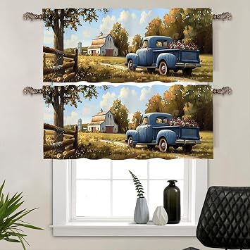 2 Panels Farmhouse Cabin Kitchen Valance Curtains for Windows, Classic Truck Floral Field Window Treatment Rod Pocket Drapes Valances for Bathroom, 54" X 18"