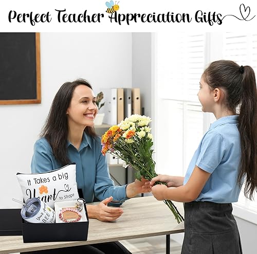 Miniatura 7 de Uiifan Juego de 6 regalos de agradecimiento para maestros con temática de abeja, vaso de abeja, llavero, pulsera, bolsa de maquillaje, plato de
