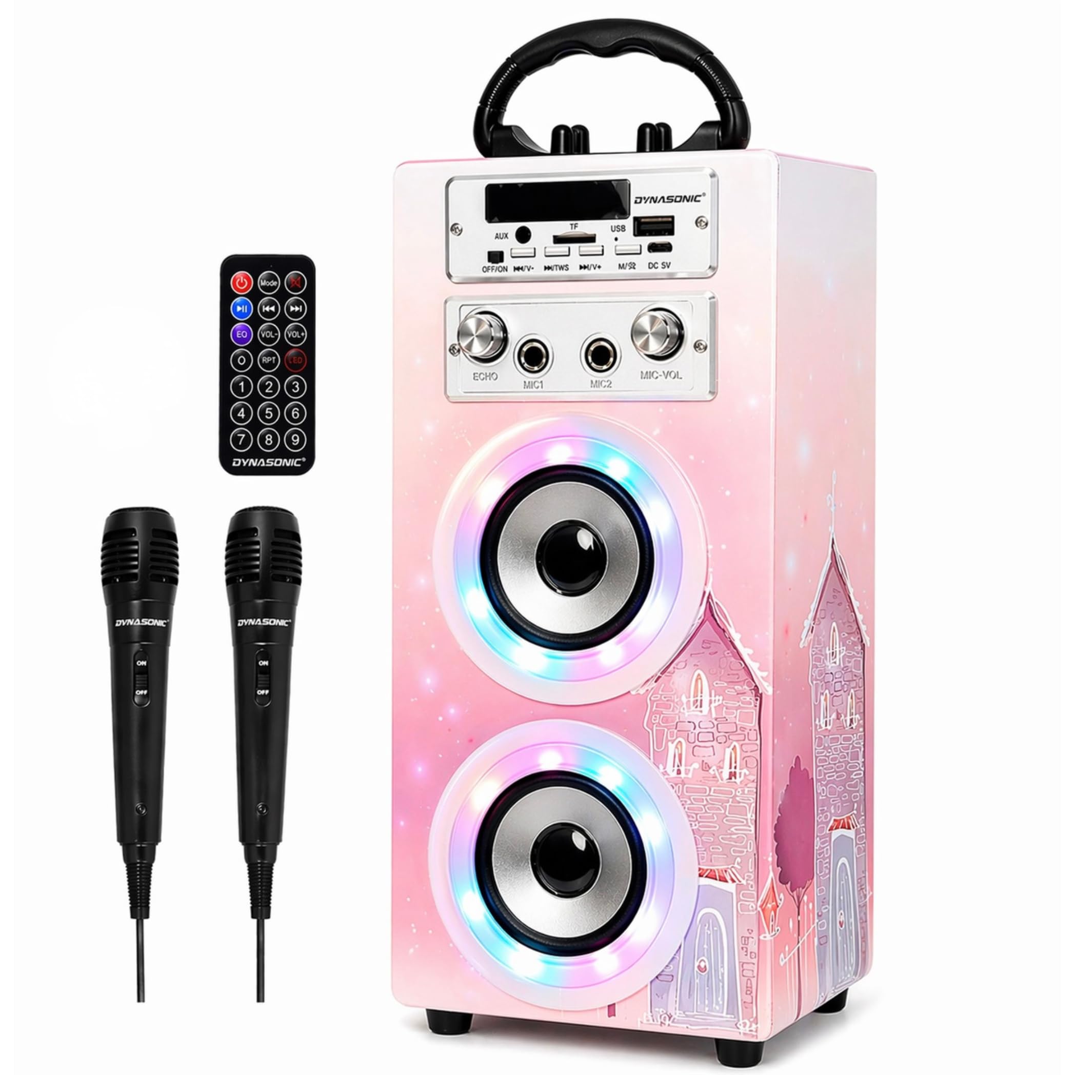 DYNASONIC Karaoke mit 2 Mikrofonen, tragbarer Karaoke-Maschine, Bluetooth-Lautsprecher, USB- und SD-Kartenleser, Lichter, Geschenk für Kinder von 5 bis 13 Jahren (Model 19)