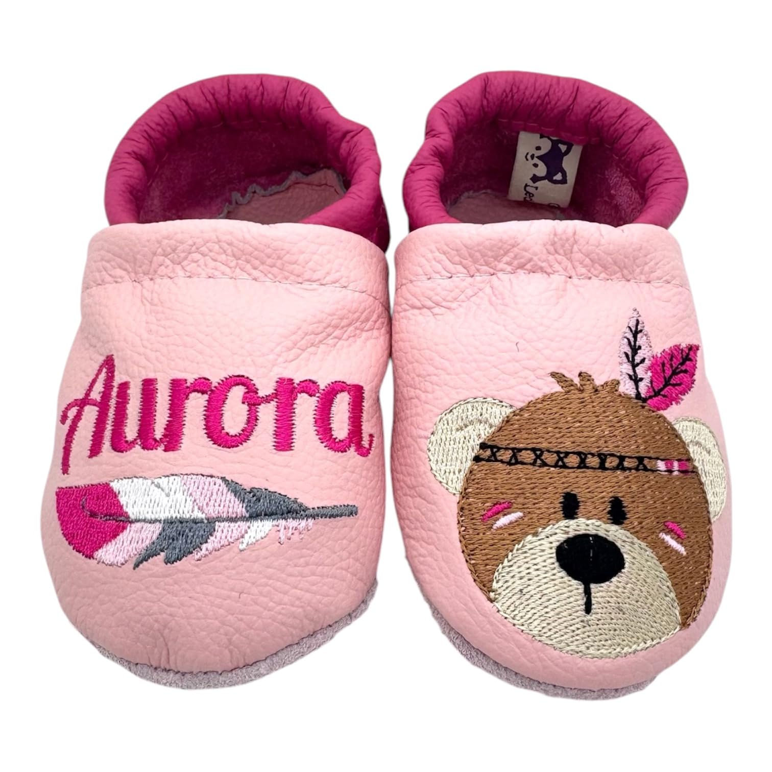 Generisch Personalisierte Krabbelschuhe Lederpuschen mit Boho-Bär & Name, rosa/pink | Lauflernschuhe Baby | Handgemacht in Paderborn | Geschenk