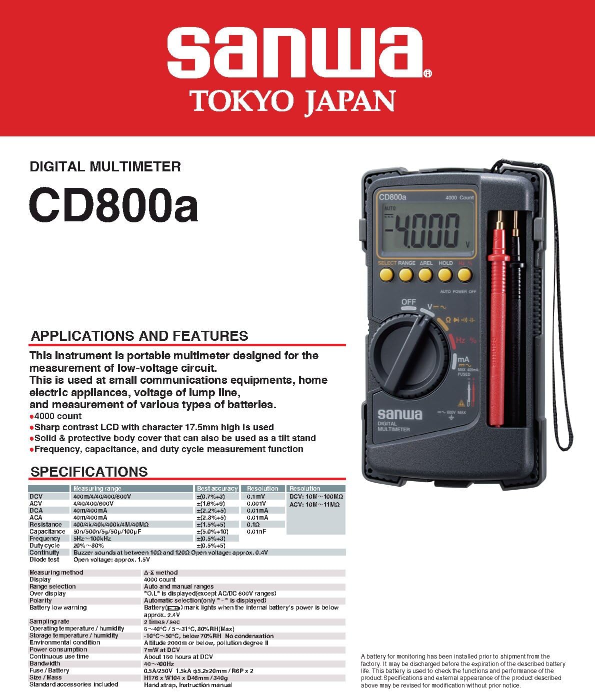 Sanwa CD800a multímetro digital Voltímetro Hz ohmios NCV Capacitance Resistance Tester TODO EN UNO multímetro digital resistencia, capacitancia, frecuencia, prueba de ciclo de trabajo(CD800a)