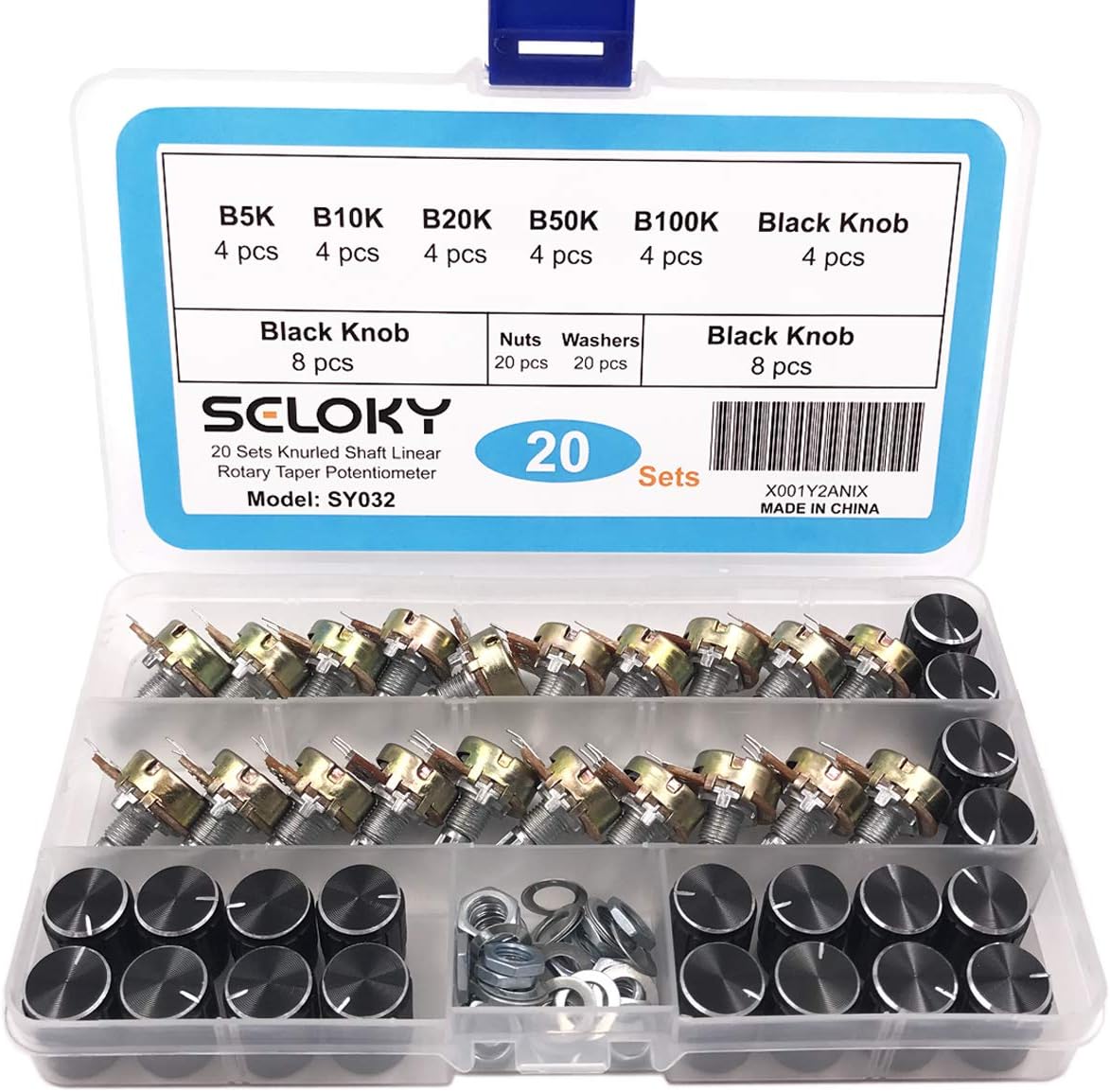 Seloky 20 PCS (B5K-B100K) 5K-100K Ohm Knurled Shaft Linear Rotary Taper Potentiometer with Black Knob(WH148) Kit