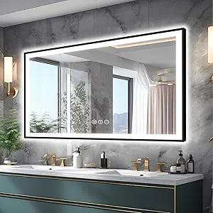 55x30 Light up Bathroom Mirror, LED Vanity Mirror, Black Border, Backlit + Front Lit, 3 Colors Dimmable, Anti-Fog, Shatter-Proof, Touch Control, Anti-Corrosion, Memory (Horizontal/Vertical)