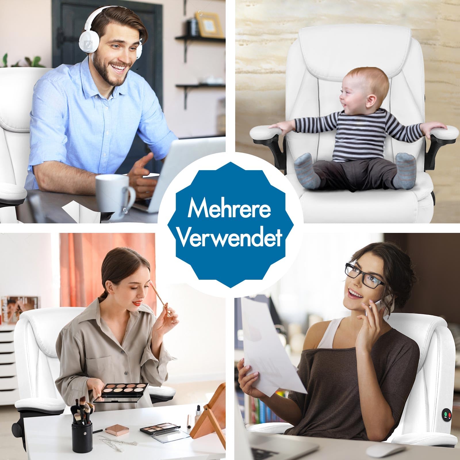 ALFORDSON Ergonomisch Bürostuhl Massage Chefsessel, Schreibtischstuhl Armlehnen höhenverstellbarer, Drehstuhl Wippfunktion 90°-135°, Computerstuhl mit Rollen,Besprechungsstuhl Pu Leder, Weiß