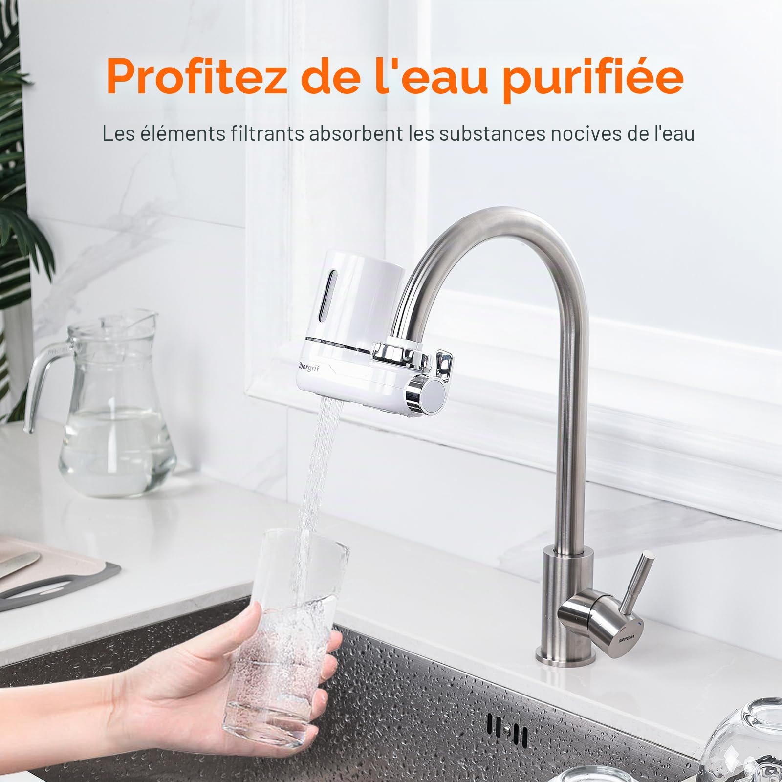Ibergrif Système de Filtration sur Robinet, Filtre à Eau Cuisine avec Charbon Actif, Réduit Chlore PFAS Sédiments, Installation Sans Outils, Blanc