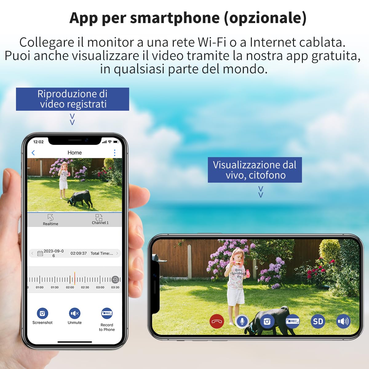 SecuFirst Kit Telecamere Videosorveglianza Esterno,Con monitor Touch Screen da 7",Lavora senza wifi,2K telecamere senza fili da esterno.64 GB di memoria,Nessun costo di abbonamento.